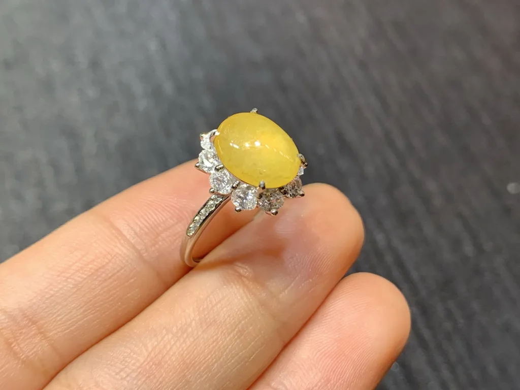 High-Icy Honey Yellow Natural Jadeite Cabochon Ring — S925 Silver · No. F03E (photo 4)
