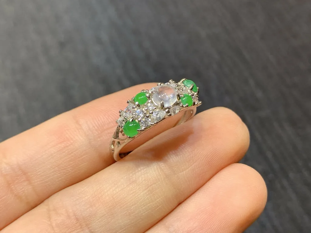 High-Icy Glowing White and Green Natural Jadeite Cabochon Ring — S925 Silver · No. 1F8B (photo 4)