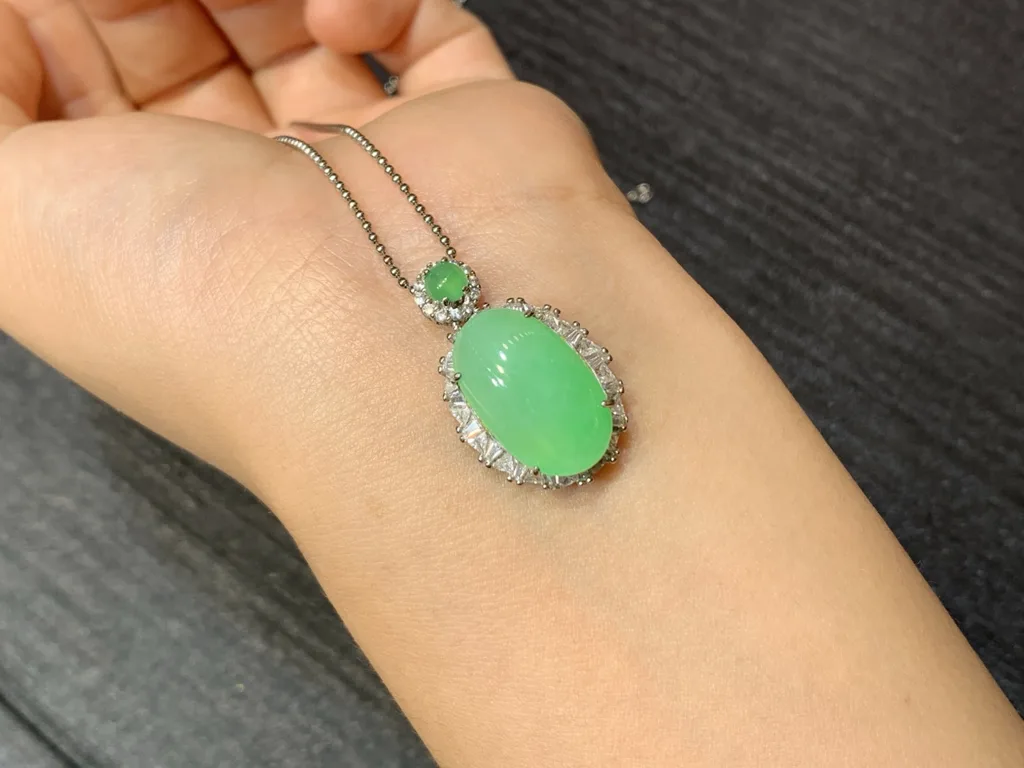 Icy Soft Vivid Green Natural Jadeite Cabochon Pendant — S925 Silver · No. A6A5 (photo 2)