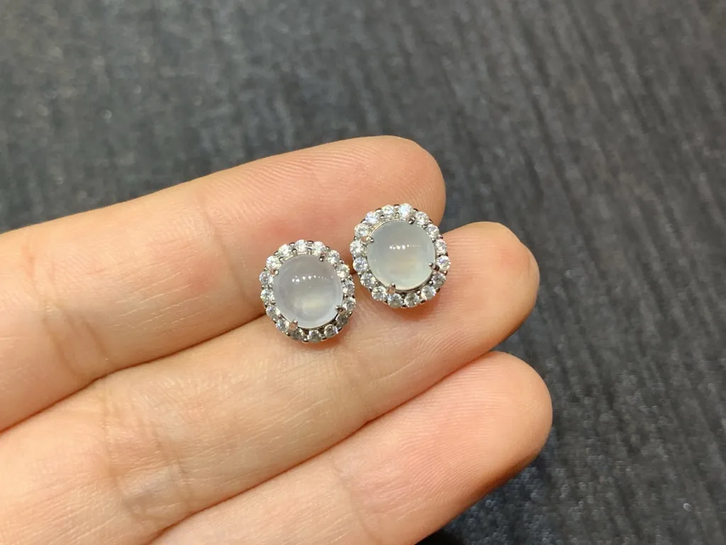 High-Icy Glowing Natural Jadeite Cabochon Stud Earrings — S925 Silver · No. EEF4 (photo 2)