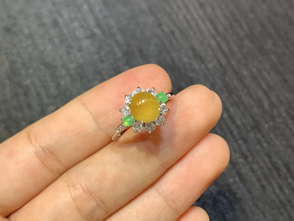 High-Icy Honey Yellow Natural Jadeite Cabochon Ring — S925 Silver · No. A16E (photo 2)