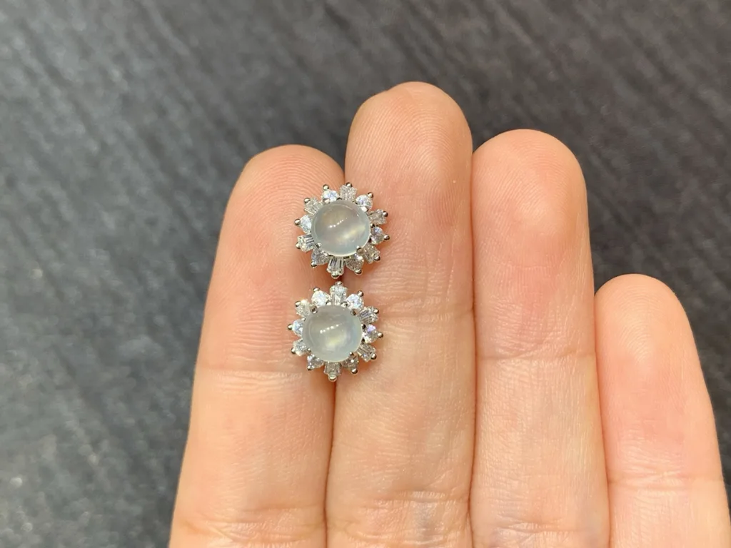 High-Icy Glowing Natural Jadeite Cabochon Stud Earrings — S925 Silver · No. D89C (photo 3)