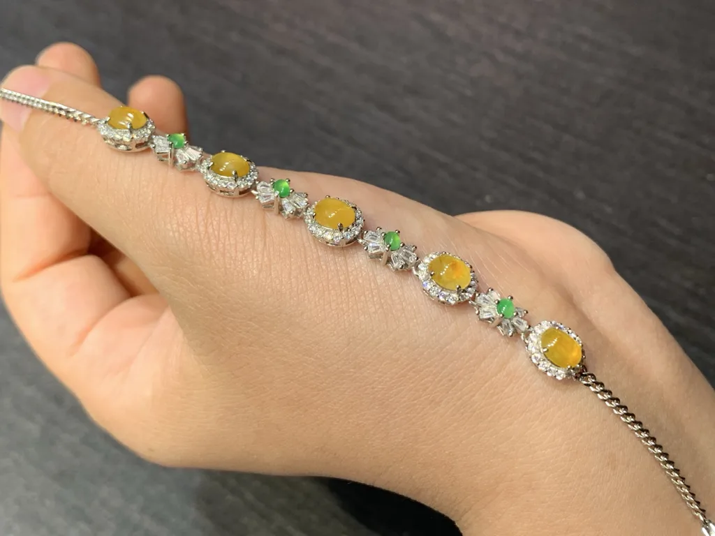 High-Icy Honey Yellow Natural Jadeite Cabochon Bracelet — S925 Silver · No. 56D7 (photo 2)
