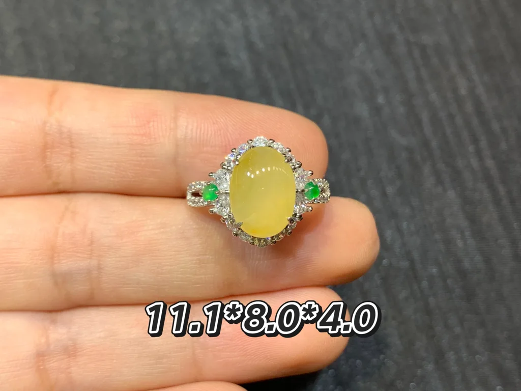 High-Icy Honey Yellow Natural Jadeite Cabochon Ring — S925 Silver · No. 82DF (photo 1)
