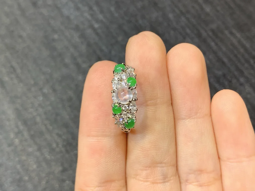 High-Icy Glowing White and Green Natural Jadeite Cabochon Ring — S925 Silver · No. 1F8B (photo 3)