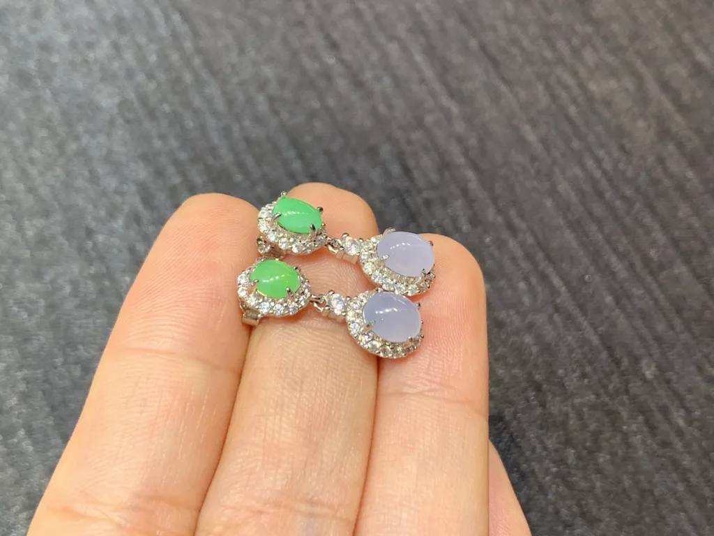 Icy Lavender and Green Natural Jadeite Cabochon Drop Earrings — S925 Silver · No. C44E (photo 4)