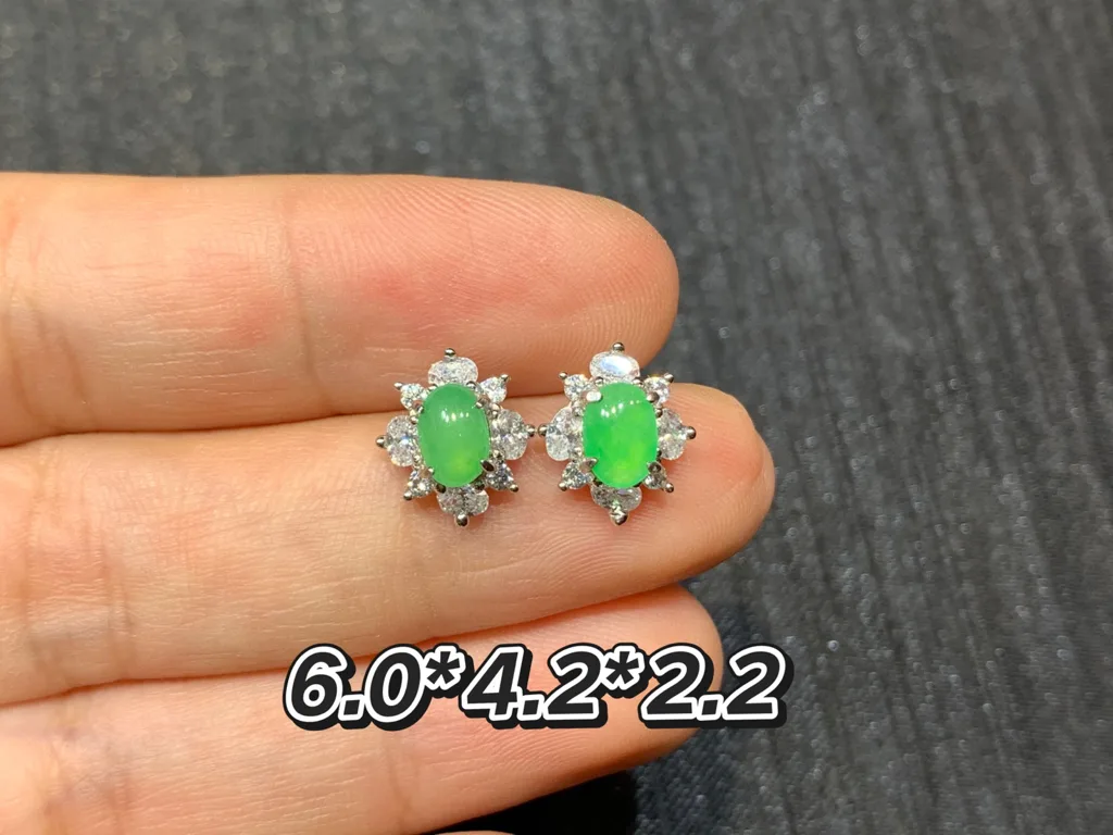 Icy Soft Vivid Green Natural Jadeite Cabochon Stud Earrings — S925 Silver · No. 9A9A (photo 1)