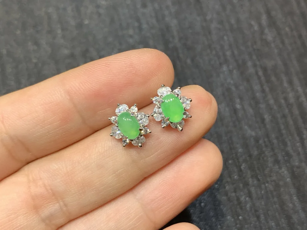 Icy Soft Vivid Green Natural Jadeite Cabochon Stud Earrings — S925 Silver · No. 9A9A (photo 2)