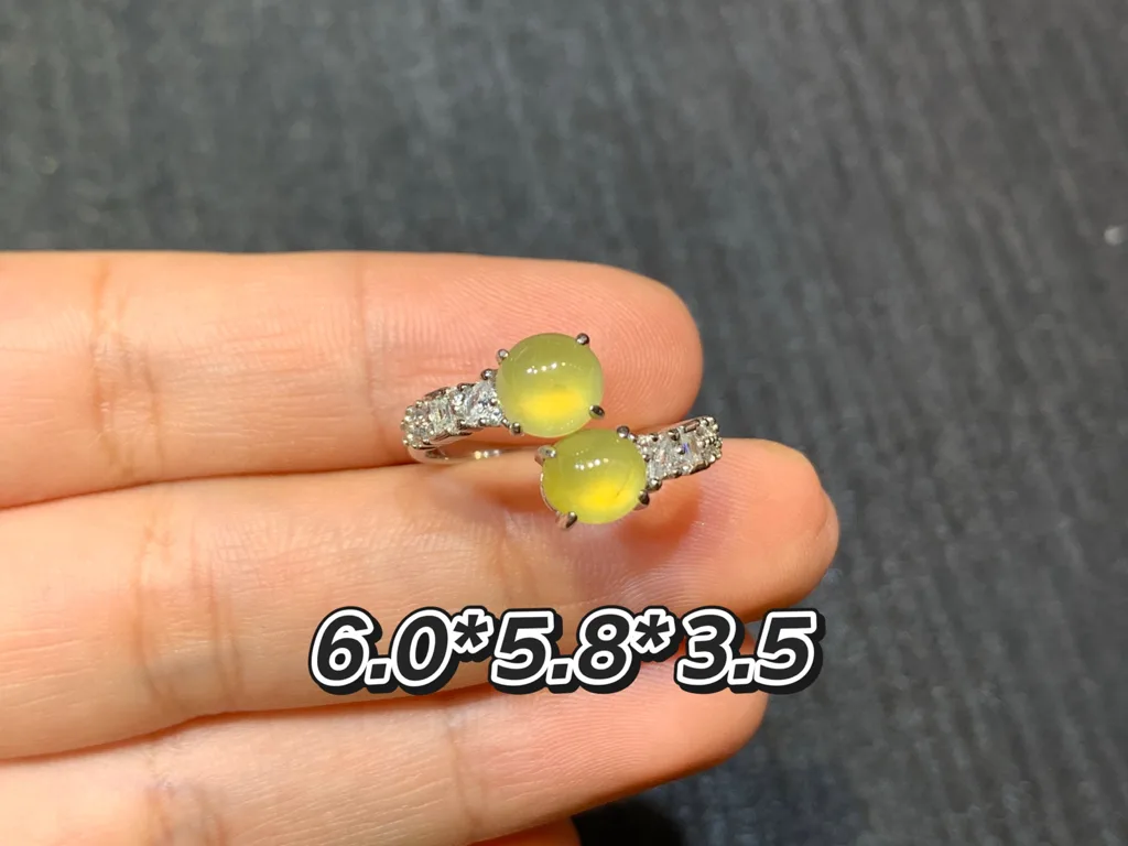 High-Icy Honey Yellow Natural Jadeite Twin Cabochon Ring — S925 Silver · No. CFF6 (photo 1)