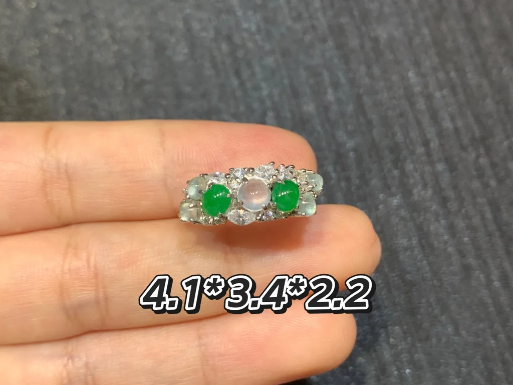 High-Icy Glowing White and Vivid Green Natural Jadeite Cabochon Ring — S925 Silver · No. 49CD (photo 1)