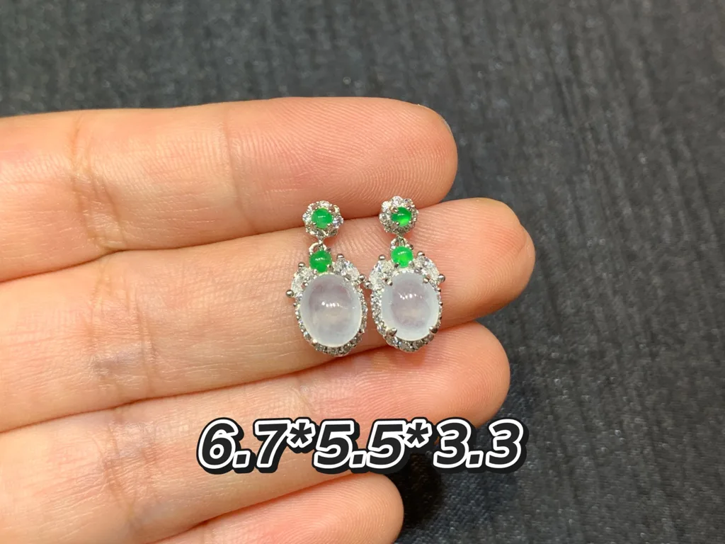 High-Icy Glowing Natural Jadeite Cabochon Drop Earrings — S925 Silver · No. 687F (photo 1)