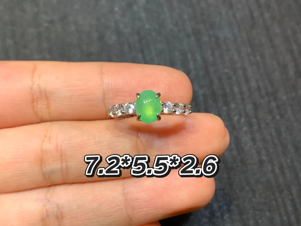 Icy Vivid Green Natural Jadeite Cabochon Ring — S925 Silver · No. E8F3 (photo 1)