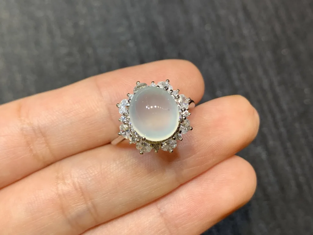 High-Icy Glowing Natural Jadeite Cabochon Ring — S925 Silver · No. 0B98 (photo 2)