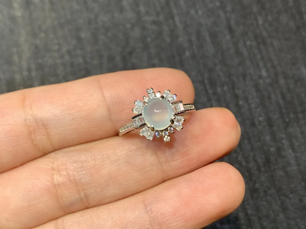 Icy Glowing Natural Jadeite Cabochon Ring — S925 Silver · No. F181 (photo 2)