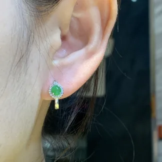 Icy Vivid Green Natural Jadeite Cabochon Huggie Earrings — S925 Silver · No. 3C63 (photo 5)