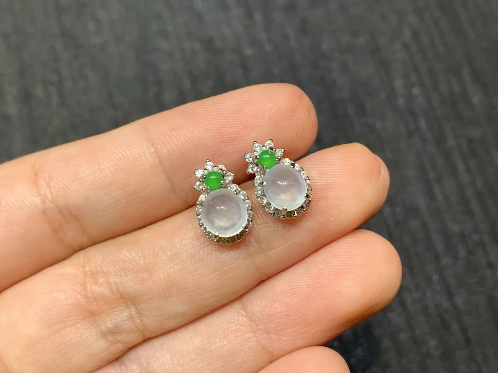 High-Icy Glowing White and Green Natural Jadeite Cabochon Stud Earrings — S925 Silver · No. 8A6E (photo 2)