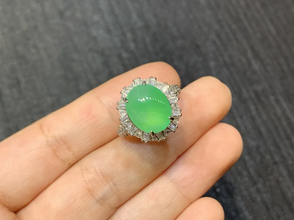 High-Icy Glowing Green Natural Jadeite Cabochon Ring — S925 Silver · No. F459 (photo 2)