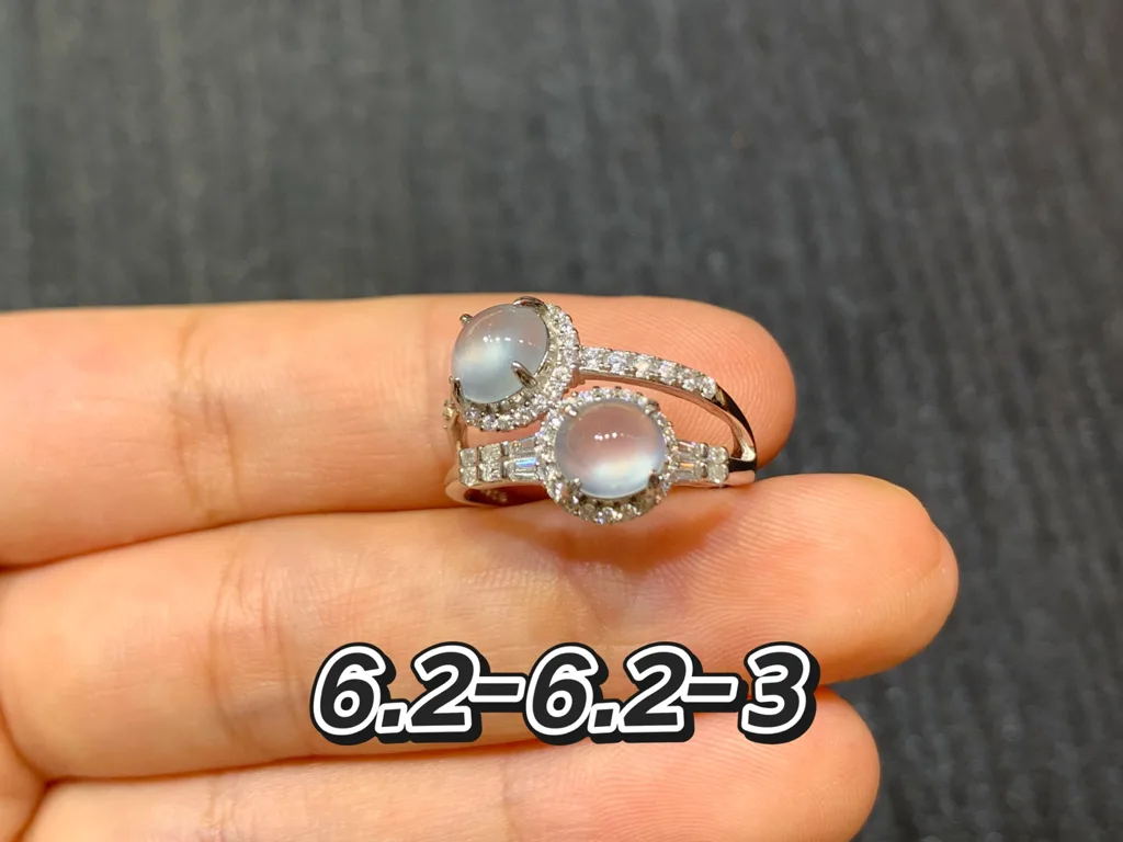 High-Icy Glowing Natural Jadeite Twin Cabochon Ring — S925 Silver · No. 6B23 (photo 1)
