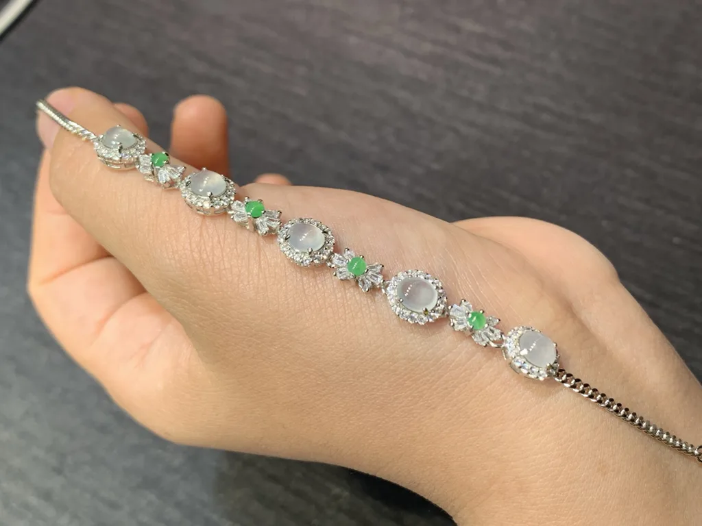 High-Icy Glowing Natural Jadeite Cabochon Bracelet — S925 Silver · No. 9B5E (photo 2)