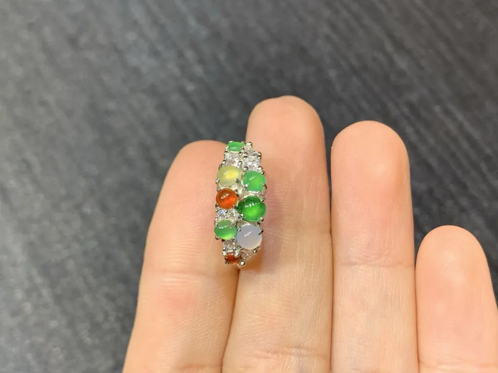 High-Icy Multicolor Natural Jadeite Cabochon Ring — S925 Silver · No. 48C5 (photo 3)