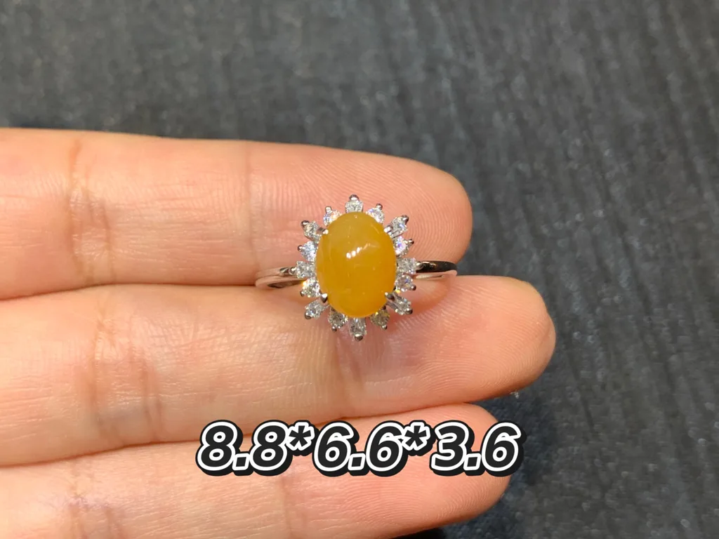 Icy Honey Yellow Natural Jadeite Cabochon Ring — S925 Silver · No. 1A3A (photo 1)
