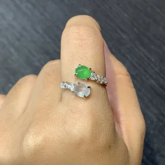 High-Icy White and Green Natural Jadeite Cabochon Ring — S925 Silver · No. 1502 (photo 5)