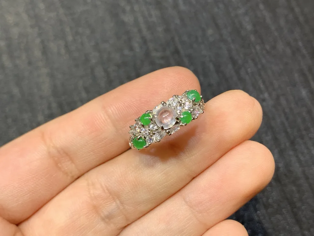 High-Icy Glowing White and Green Natural Jadeite Cabochon Ring — S925 Silver · No. 1F8B (photo 2)