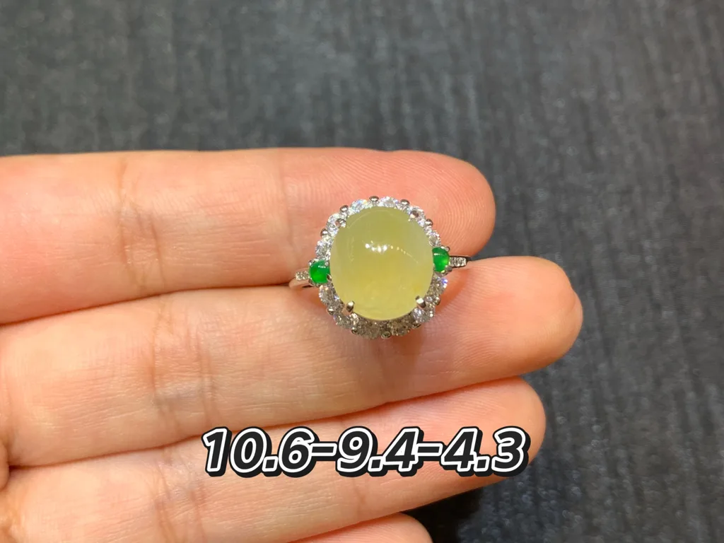 High-Icy Honey Yellow Natural Jadeite Cabochon Ring — S925 Silver · No. 63FB (photo 1)
