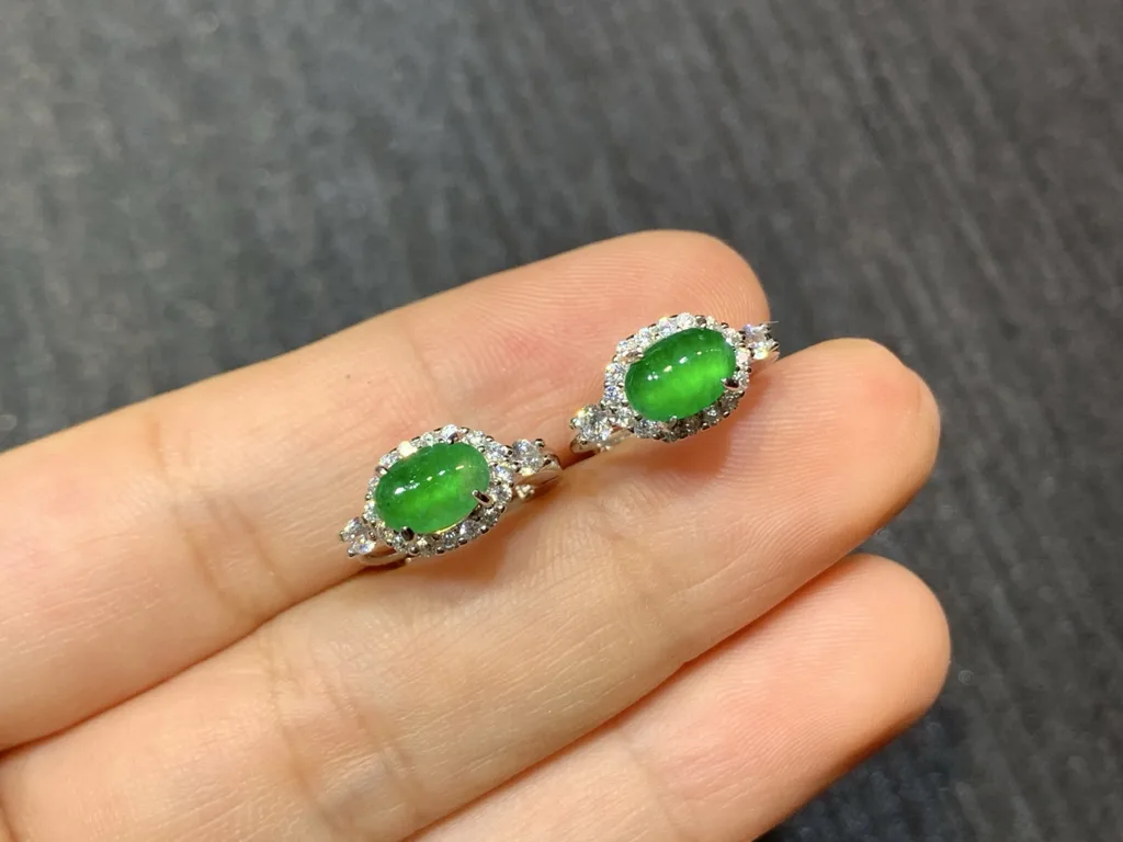 High-Icy Intense Vivid Green Natural Jadeite Cabochon Huggie Earrings — S925 Silver · No. B40D (photo 2)