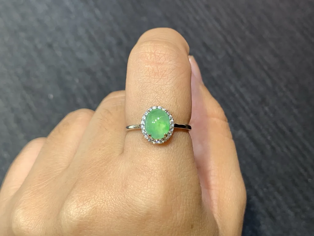 High-Icy Clear Green Natural Jadeite Cabochon Ring — S925 Silver · No. A471 (photo 5)
