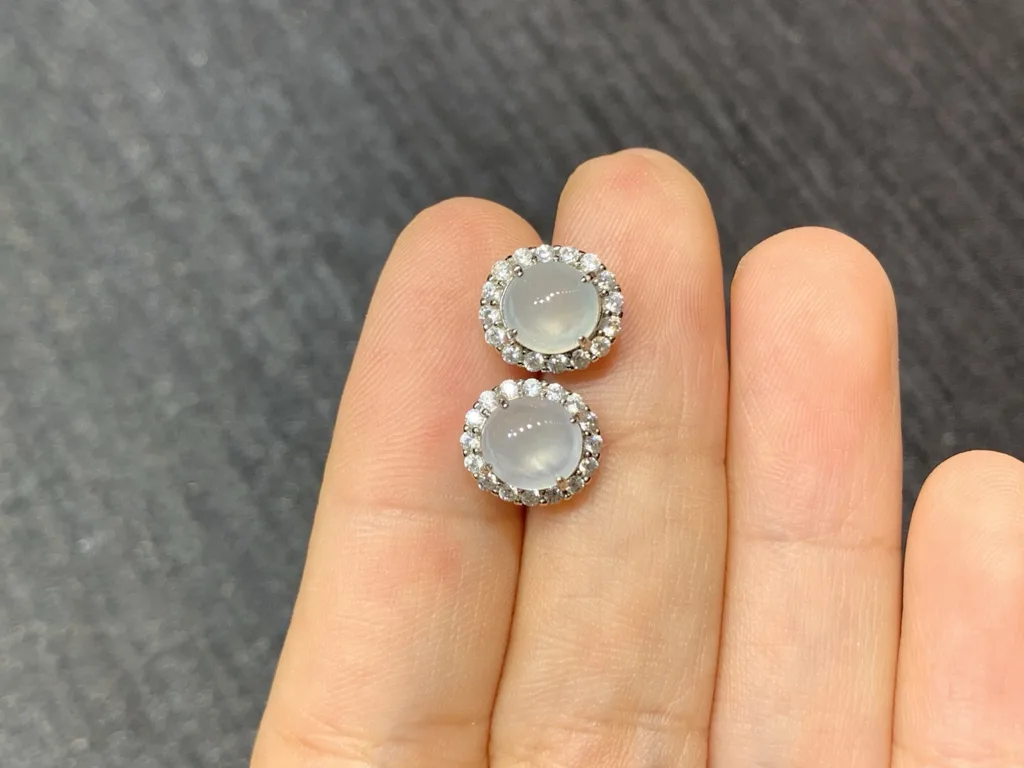 High-Icy Glowing Natural Jadeite Cabochon Stud Earrings — S925 Silver · No. EEF4 (photo 3)