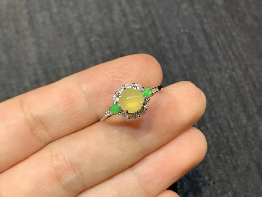 High-Icy Honey Yellow Natural Jadeite Cabochon Ring — S925 Silver · No. EE8D (photo 2)