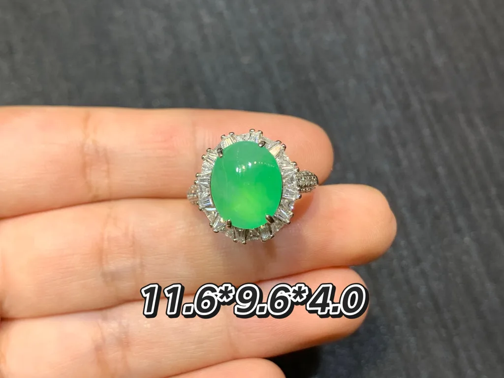 High-Icy Glowing Green Natural Jadeite Cabochon Ring — S925 Silver · No. F459 (photo 1)