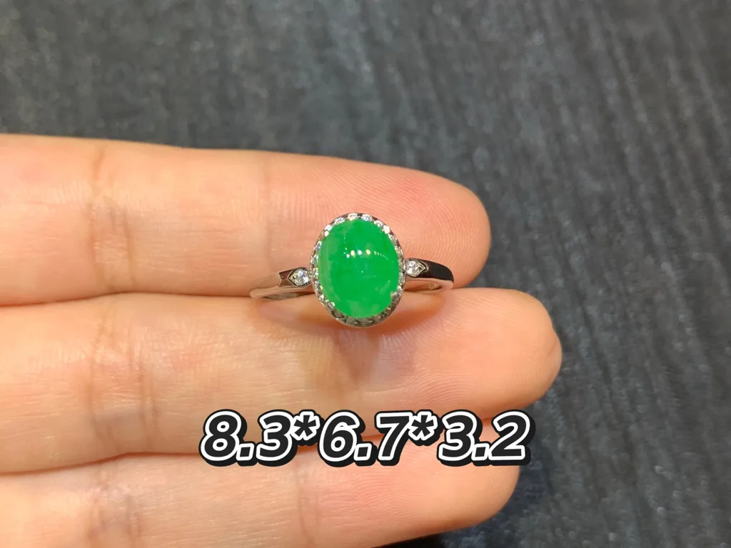 Icy Vivid Green Natural Jadeite Cabochon Ring — S925 Silver · No. 9393 (photo 1)