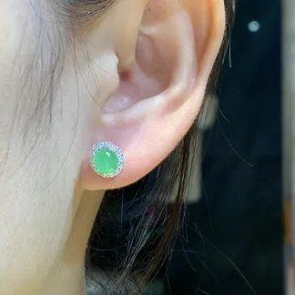 Icy Vivid Green Natural Jadeite Cabochon Stud Earrings — S925 Silver · No. 13DA (photo 5)