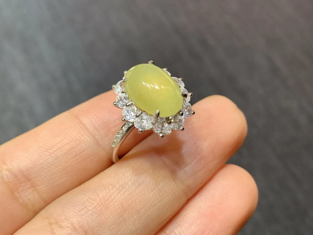 High-Icy Honey Yellow Natural Jadeite Cabochon Ring — S925 Silver · No. 6747 (photo 4)