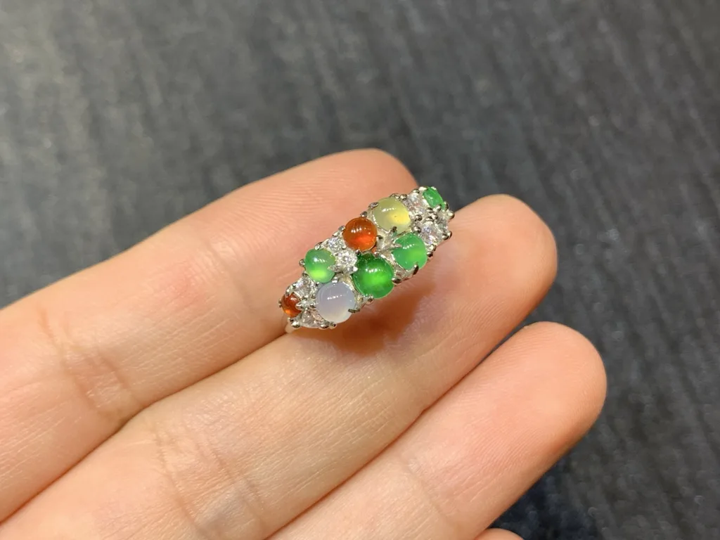 High-Icy Multicolor Natural Jadeite Cabochon Ring — S925 Silver · No. 48C5 (photo 2)