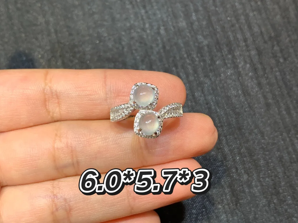 High-Icy Glowing White Twin Cabochon Natural Jadeite Cabochon Ring — S925 Silver · No. 5AD1 (photo 1)