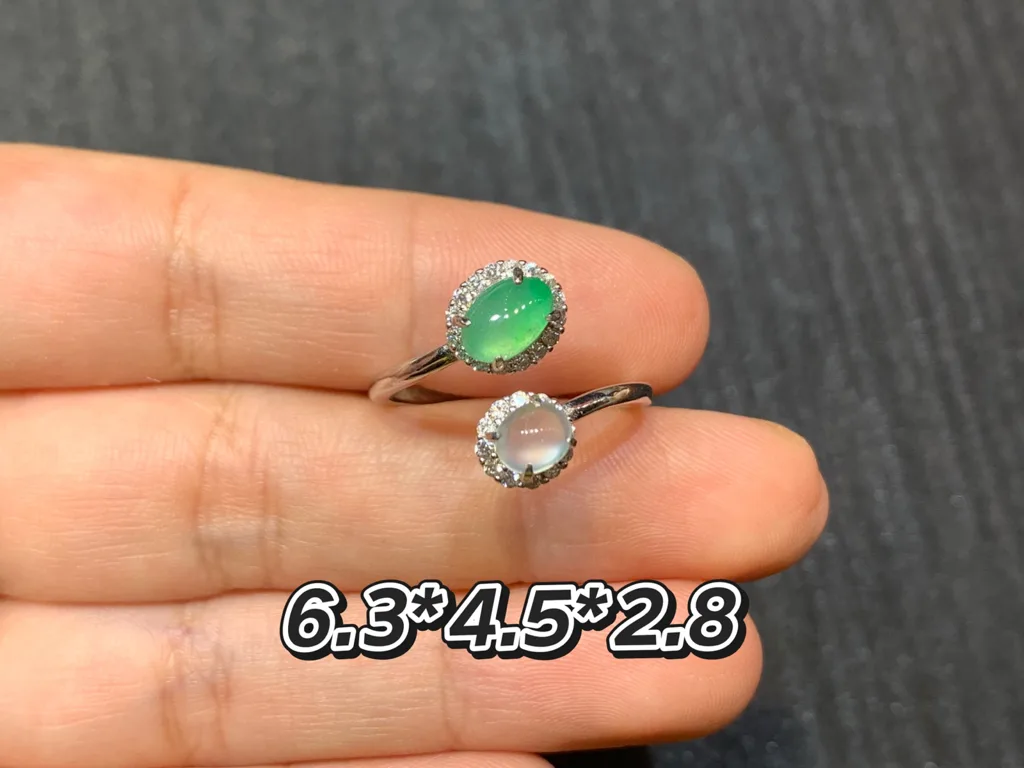 High-Icy White and Clear Green Natural Jadeite Cabochon Ring — S925 Silver · No. 3386 (photo 1)