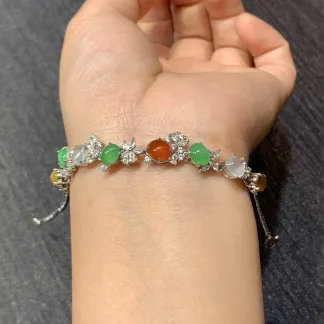 High-Icy Multicolor Natural Jadeite Cabochon Bracelet — S925 Silver · No. 6920 (photo 4)