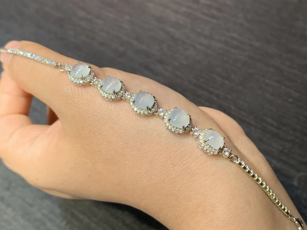 High-Icy Glowing Natural Jadeite Cabochon Bracelet — S925 Silver · No. BC52 (photo 2)