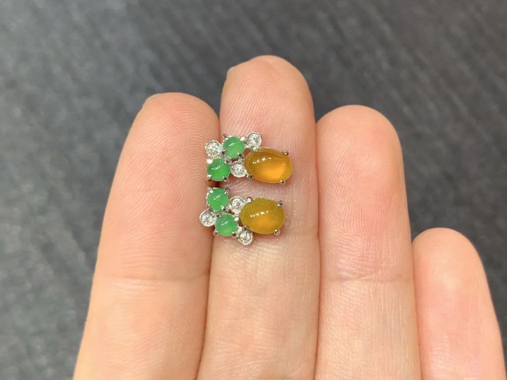 High-Icy Yellow and Green Natural Jadeite Cabochon Stud Earrings — S925 Silver · No. CD4F (photo 3)