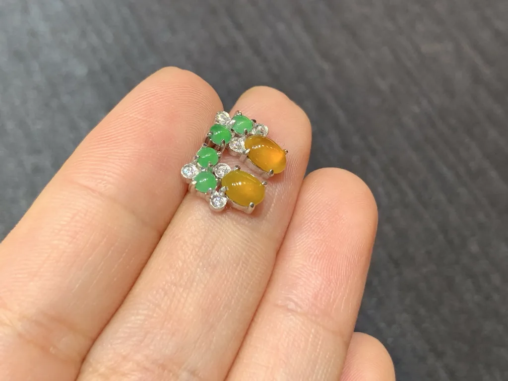 High-Icy Yellow and Green Natural Jadeite Cabochon Stud Earrings — S925 Silver · No. CD4F (photo 4)