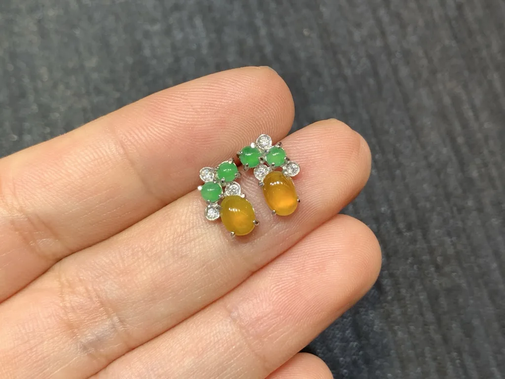 High-Icy Yellow and Green Natural Jadeite Cabochon Stud Earrings — S925 Silver · No. CD4F (photo 2)