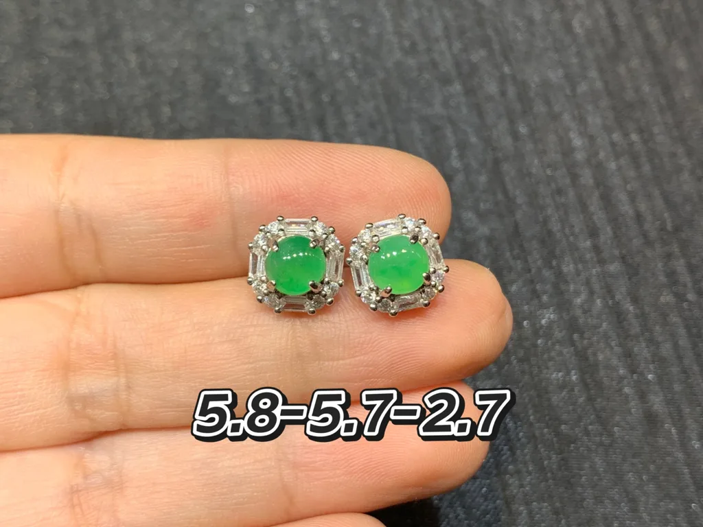 Icy Vivid Green Natural Jadeite Cabochon Stud Earrings — S925 Silver · No. F091 (photo 1)