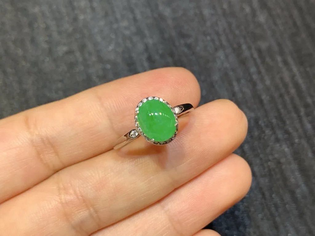 Icy Vivid Green Natural Jadeite Cabochon Ring — S925 Silver · No. 9393 (photo 2)