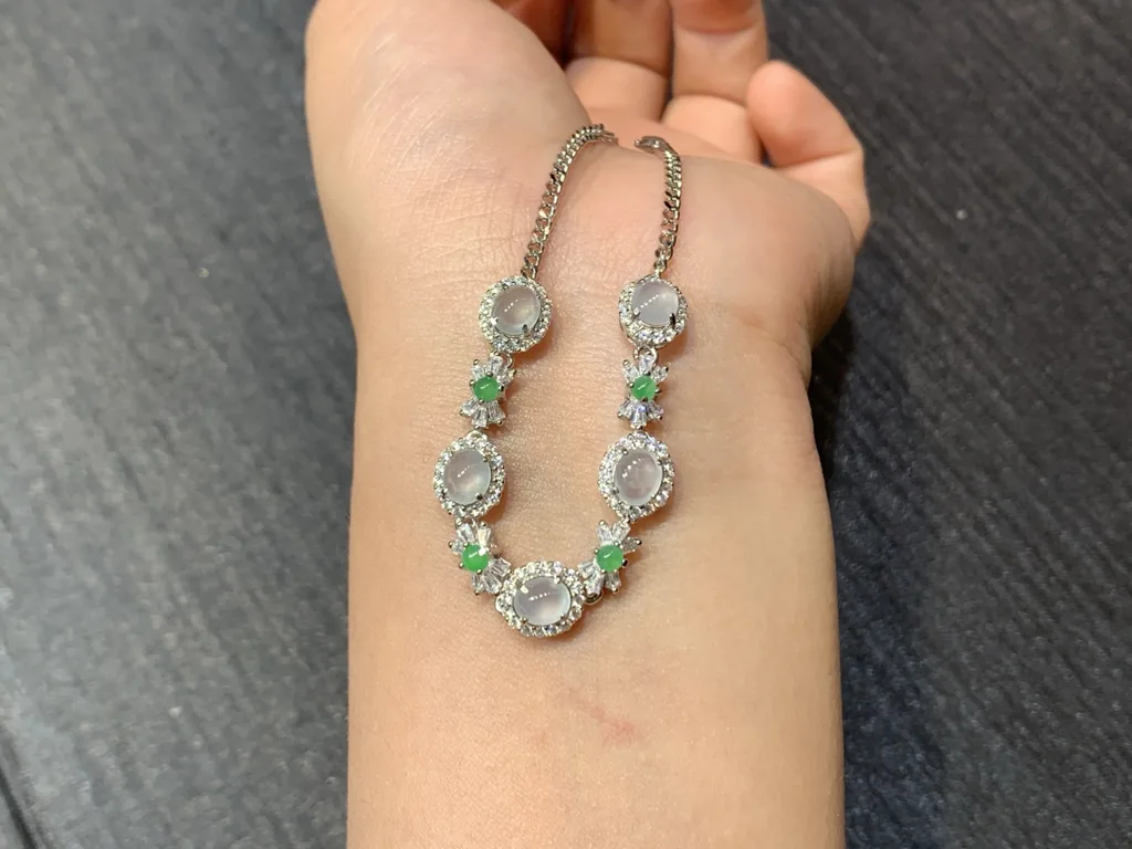 High-Icy Glowing Natural Jadeite Cabochon Bracelet — S925 Silver · No. 9B5E (photo 3)