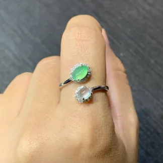 High-Icy White and Clear Green Natural Jadeite Cabochon Ring — S925 Silver · No. 3386 (photo 5)