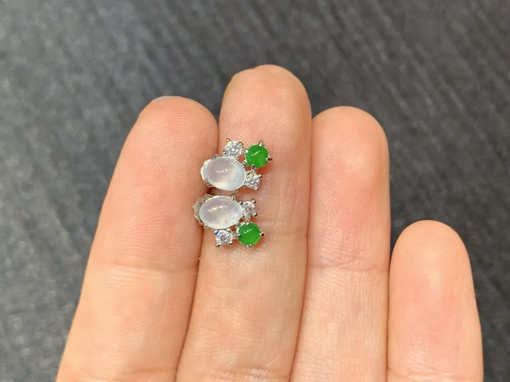 High-Icy Glowing White and Green Natural Jadeite Cabochon Stud Earrings — S925 Silver · No. CE26 (photo 3)