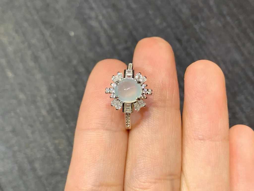 Icy Glowing Natural Jadeite Cabochon Ring — S925 Silver · No. F181 (photo 3)